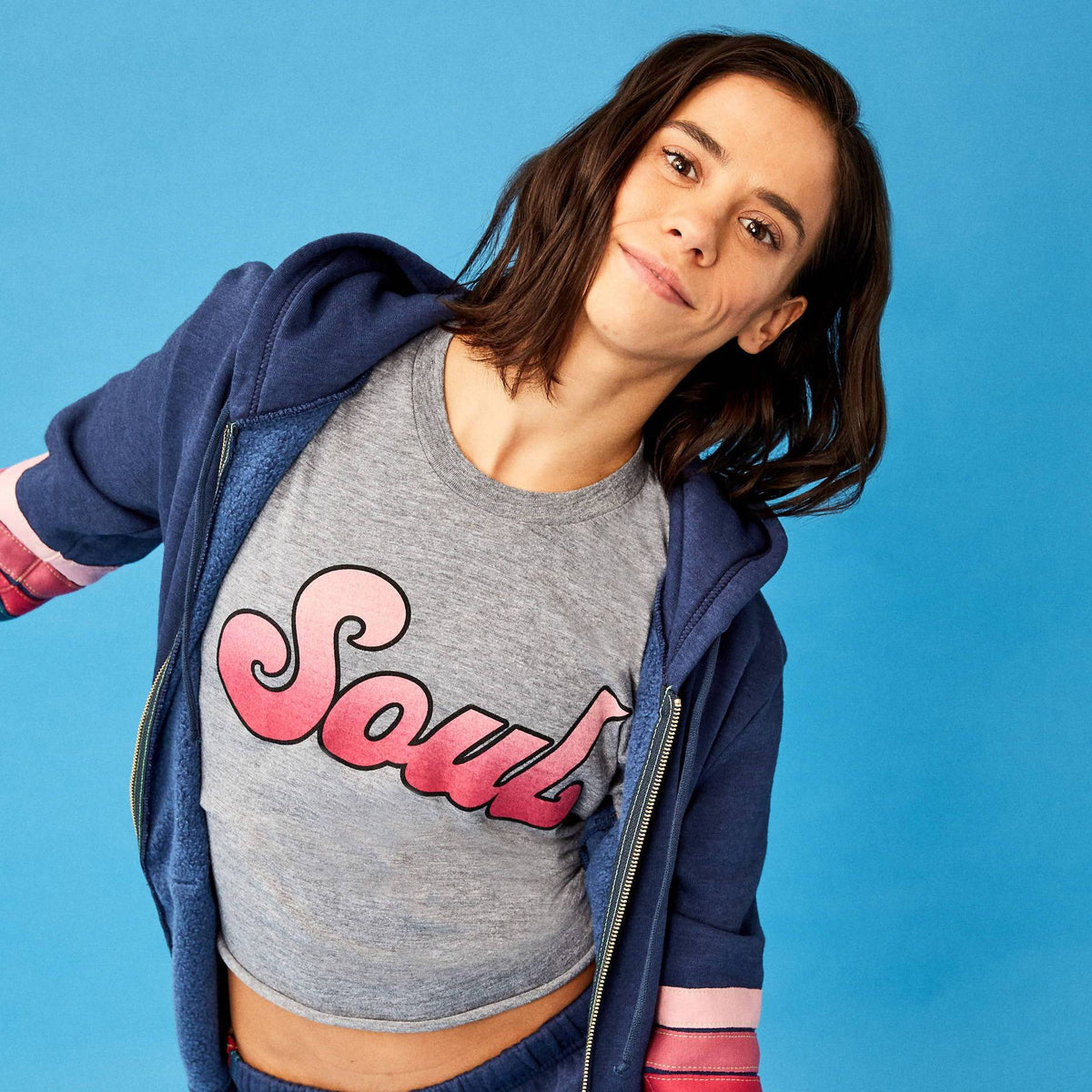 A model wearing the Aviator Nation x Soul Cycle collaboration