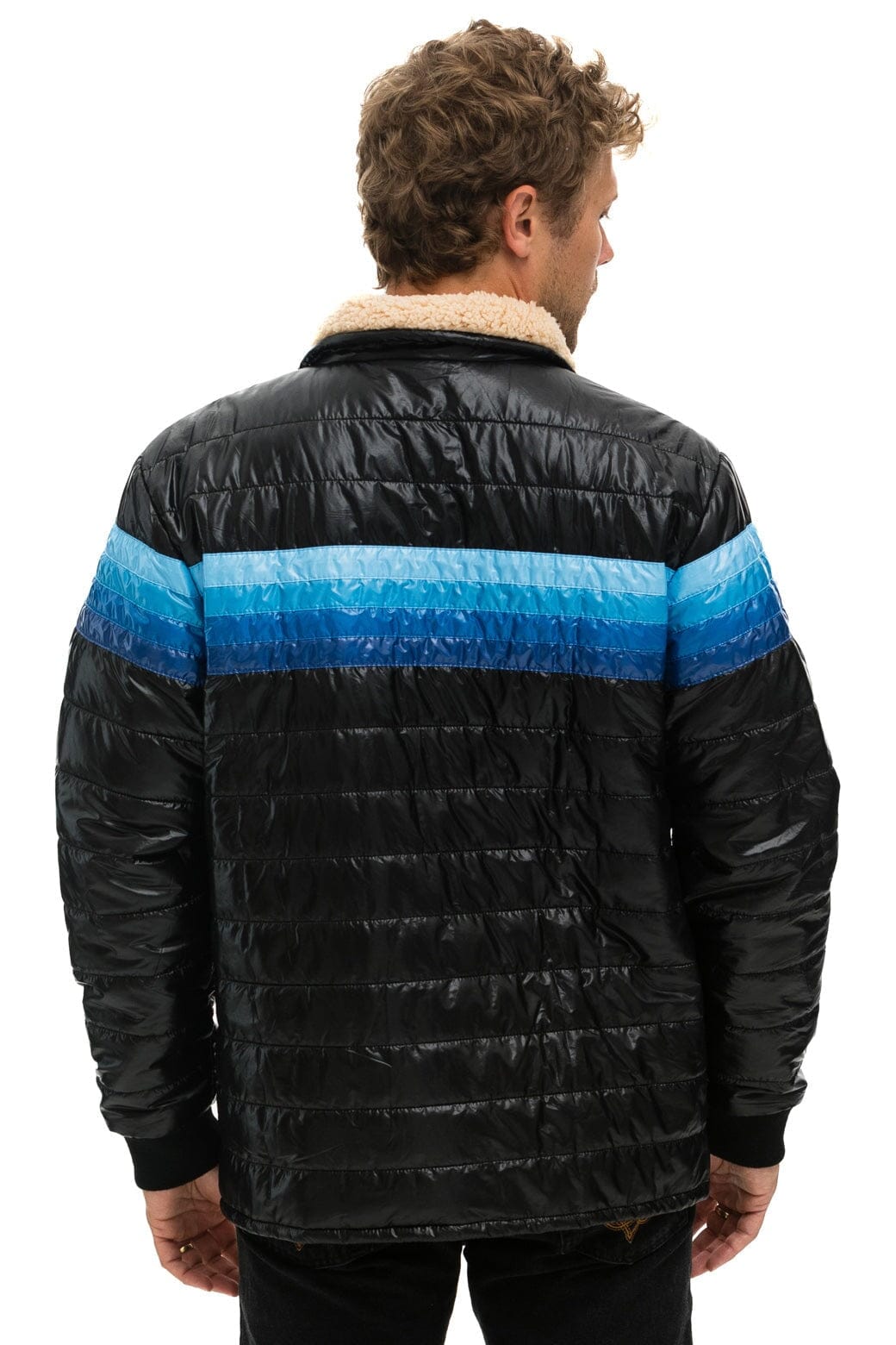 4 STRIPE RAINBOW SLEEVE JACKET - GLOSSY BLACK // BLUE Men's Outerwear Aviator Nation
