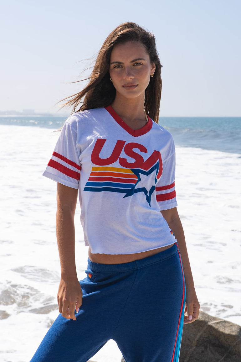 USA STAR VNECK JERSEY BOYFRIEND TEE - WHITE // RED