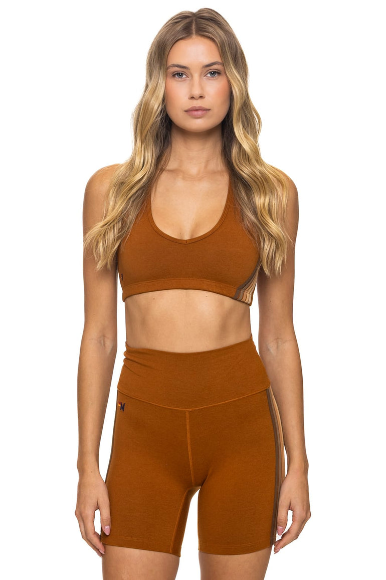 5 STRIPE 5 INCH HI-RISE BIKER SHORT - CINNAMON // ESPRESSO