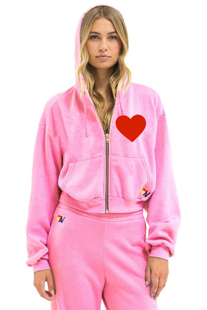 HEART STITCH RELAXED CROP ZIP HOODIE - NEON PINK
