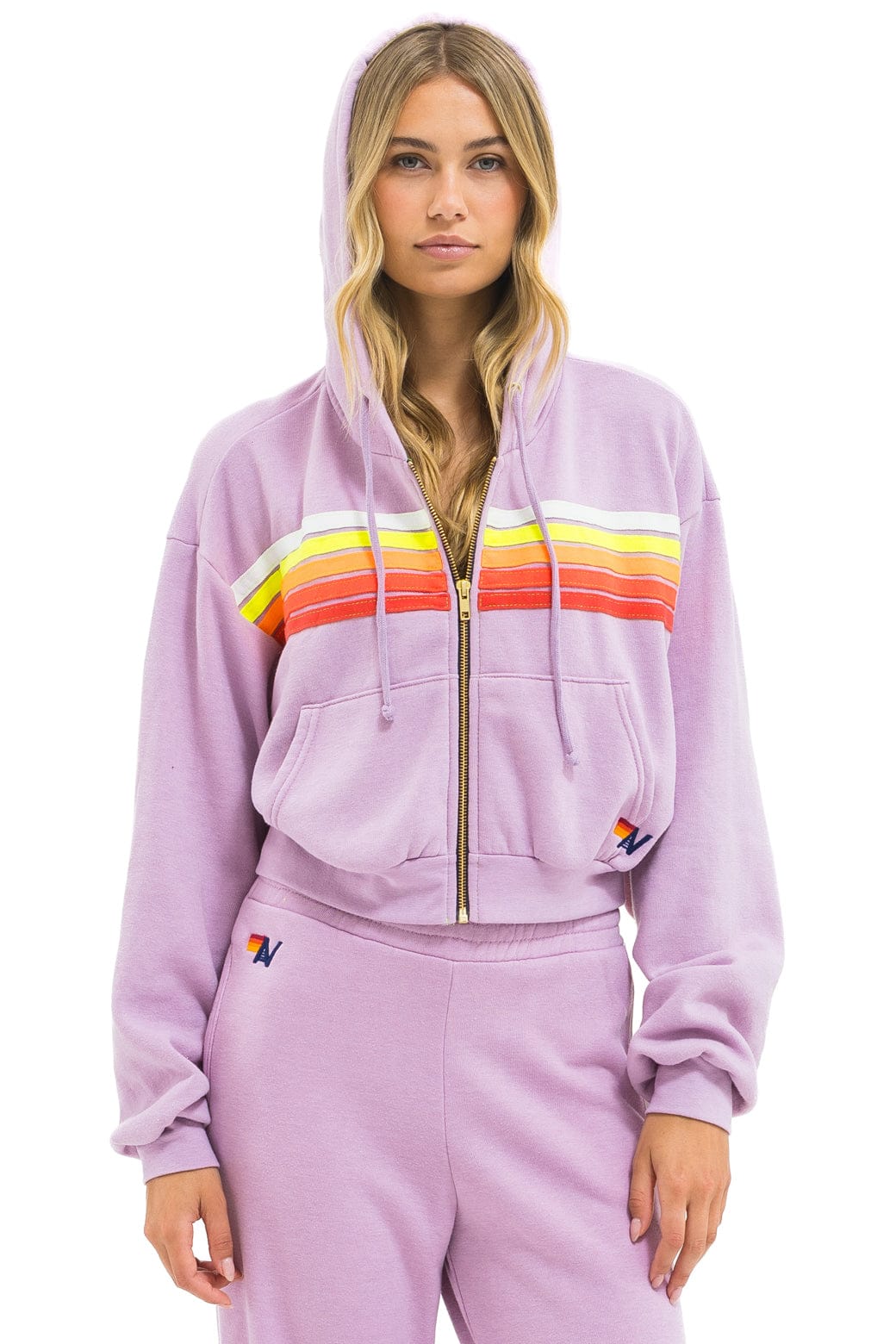 STRIPE CROPPED ZIP HOODIE RELAXED MAUVE // WHITE NEON