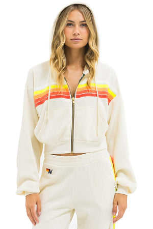 5 STRIPE CROPPED ZIP HOODIE RELAXED - VINTAGE WHITE // WHITE NEON