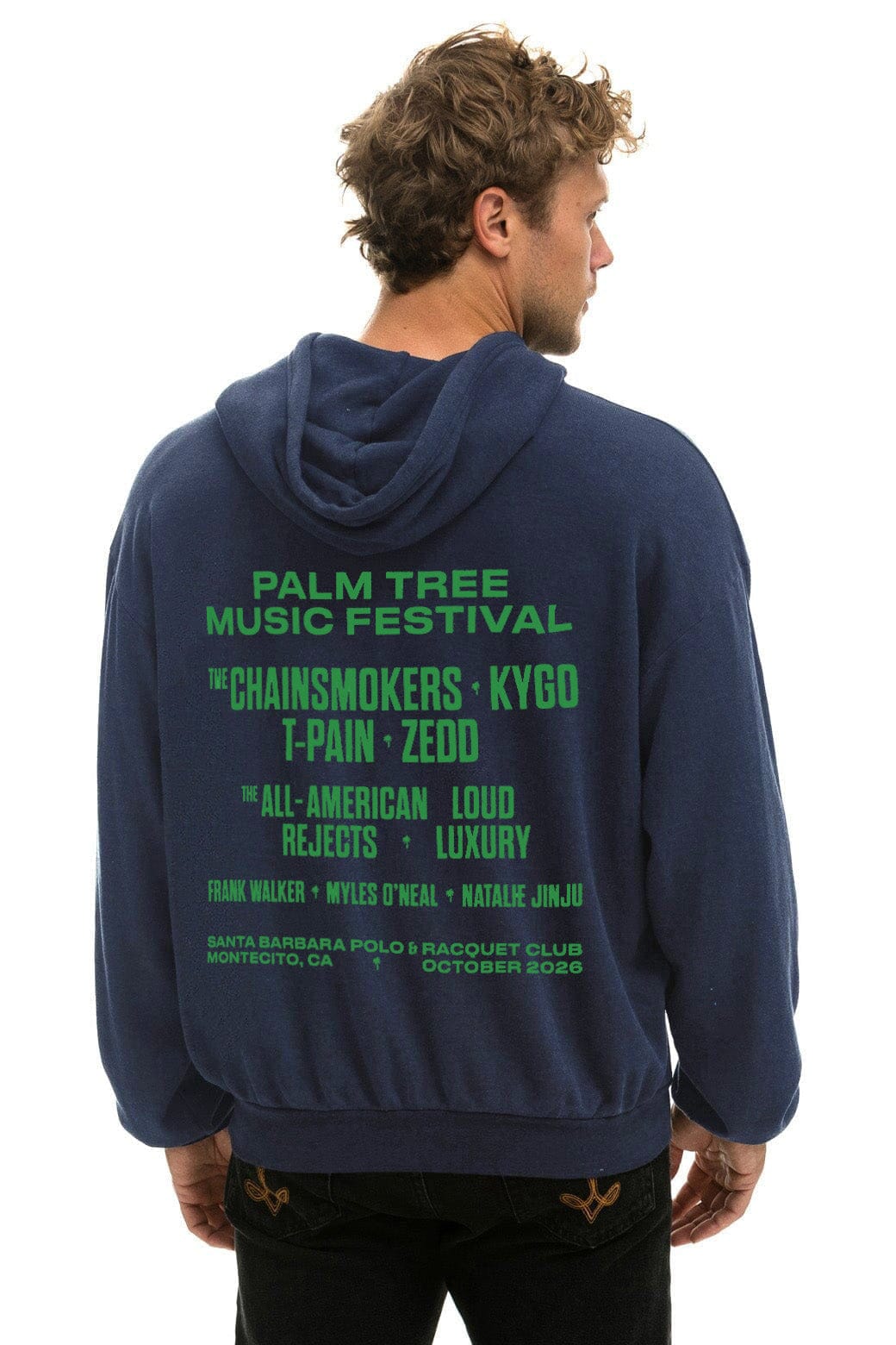 Palm Tree Festival Montecito 2026 Pullover Hoodie Navy - men's back