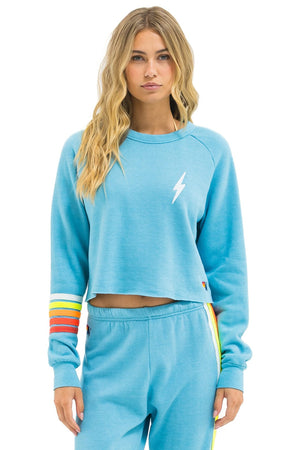 BOLT RUGBY STITCH CROPPED CREW SWEATSHIRT - AQUA // WHITE NEON