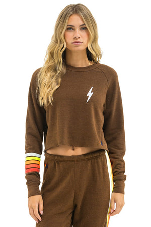 BOLT RUGBY STITCH CROPPED CREW SWEATSHIRT - CHOCOLATE // WHITE NEON