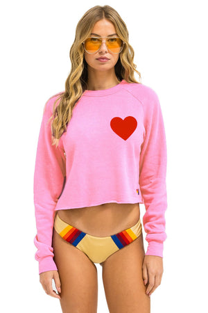 HEART STITCH CROPPED CREW SWEATSHIRT - NEON PINK
