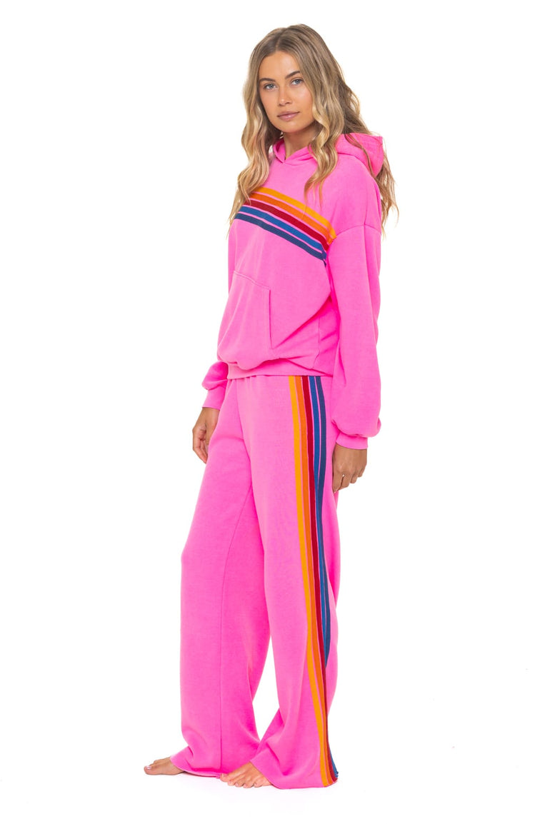 5 STRIPE RELAXED PULLOVER HOODIE - NEON PINK