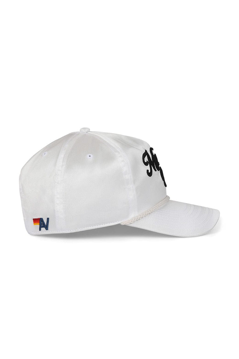 MEMBERS EXCLUSIVE VINTAGE SATIN SCRIPT TRUCKER HAT - WHITE // BLACK