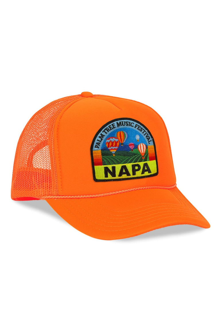 PALM TREE FESTIVAL NAPA 2026 VINTAGE LOW RISE TRUCKER - NEON ORANGE