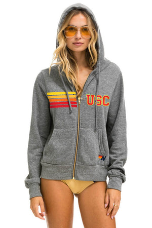 UNIVERSITY OF SOUTHERN CALIFORNIA 5 STRIPE ZIP HOODIE - HEATHER GREY