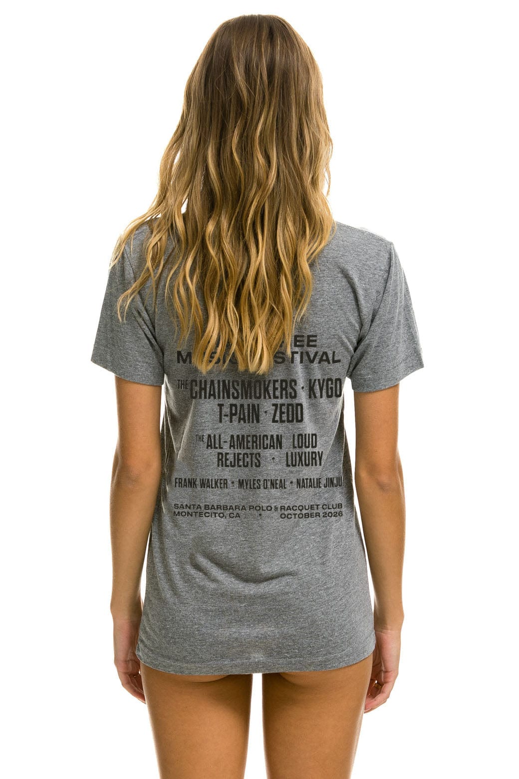 Palm Tree Festival Montecito 2026 Crew Tee Heather Grey - women's back