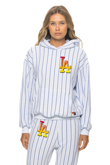 PRESALE: LOS ANGELES DODGERS PINSTRIPE 2026 RELAXED PULLOVER HOODIE - WHITE // BLUE