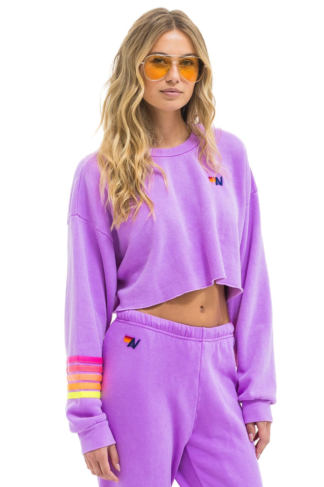 RUGBY STITCH CROPPED CREW SWEATSHIRT RELAXED NEON PURPLE // NEON