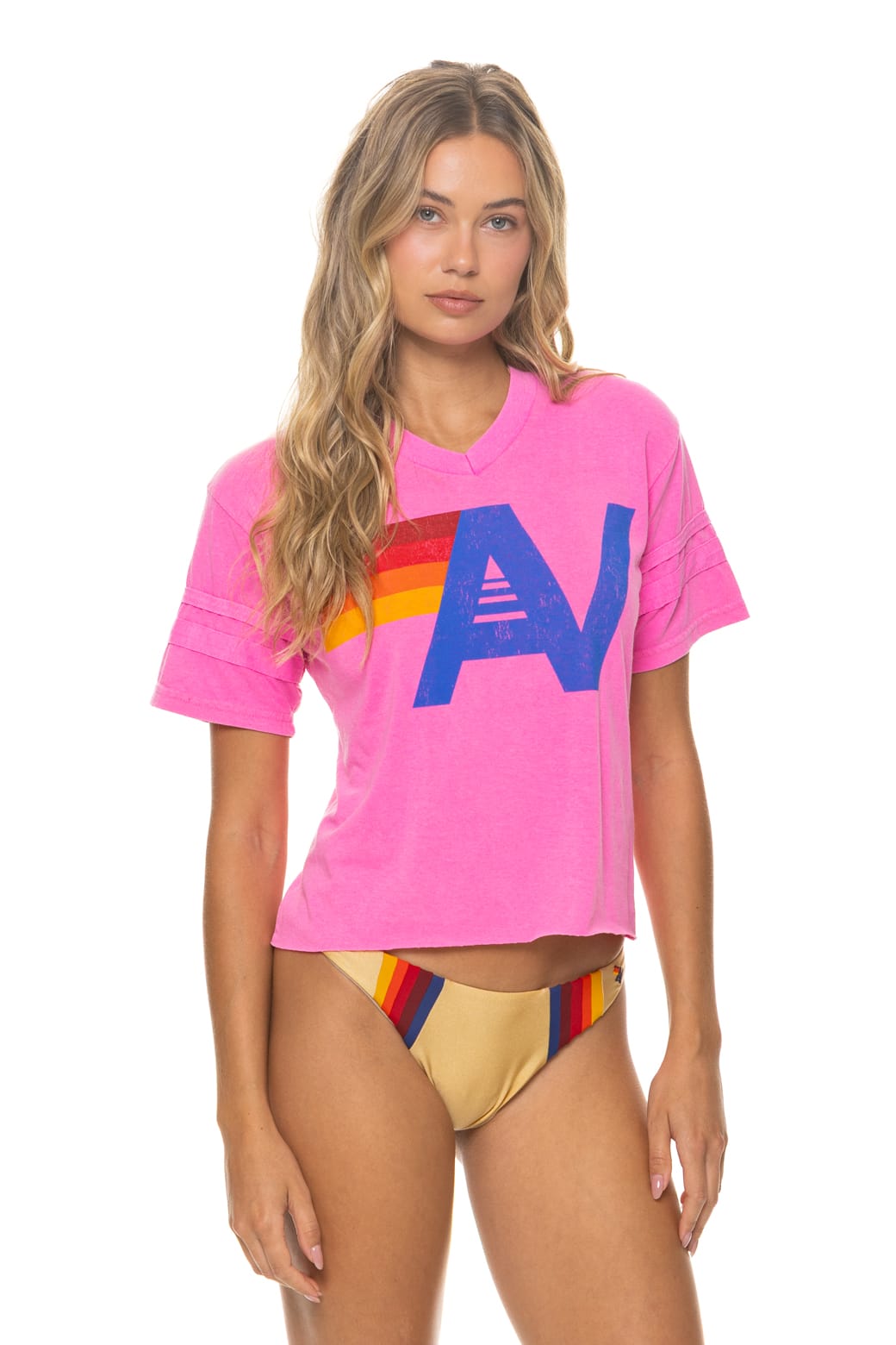 Aviator Nation neon pink logo boyfriend tee, V-neck tri-blend jersey handmade in Los Angeles