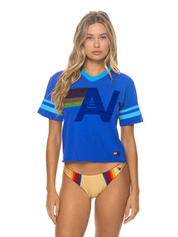 Aviator Nation Logo V-Neck Jersey Boyfriend Tee in ocean blue with a neon blue logo, front view