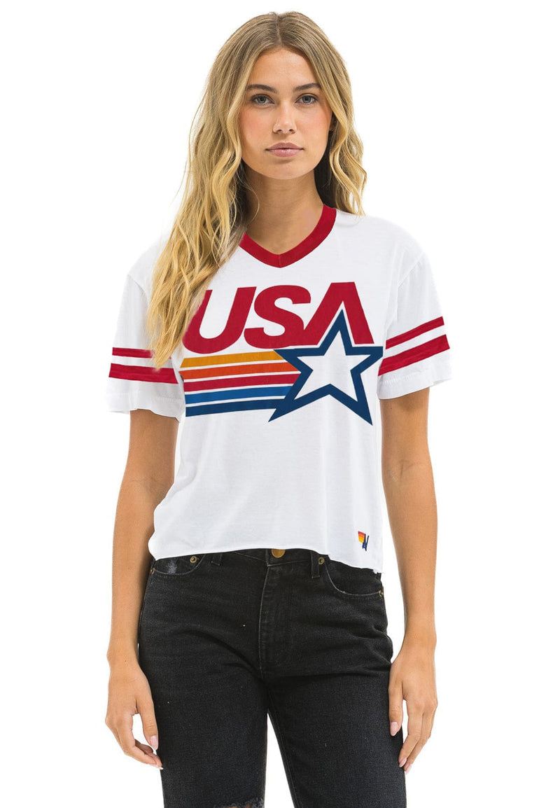 USA STAR VNECK JERSEY BOYFRIEND TEE - WHITE // RED