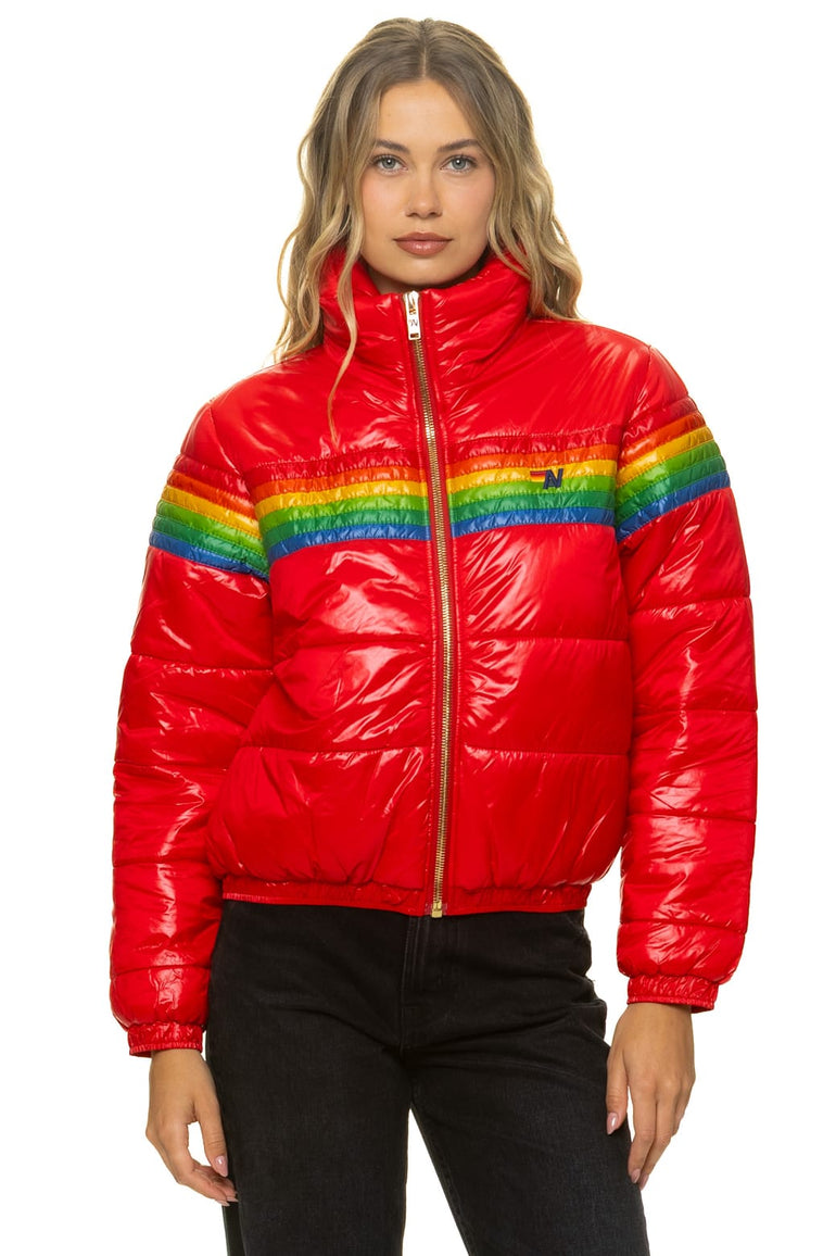 6 STRIPE LUXE APRES PUFFER JACKET - GLOSSY CHERRY