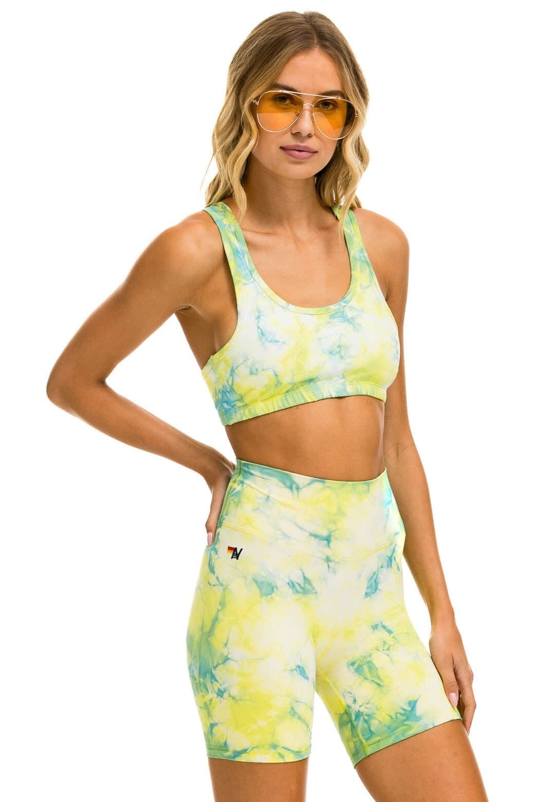 HAND DYED 6 INCH HI-RISE BIKER SHORT - TIE DYE NEON YELLOW Women's Active Shorts Aviator Nation