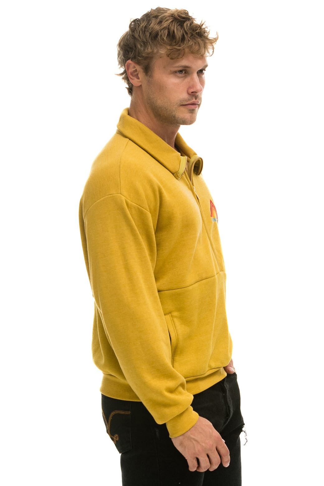 MOUNTAIN EMBROIDERY UNISEX HALF ZIP SWEATSHIRT - KHAKI Unisex Outerwear Aviator Nation