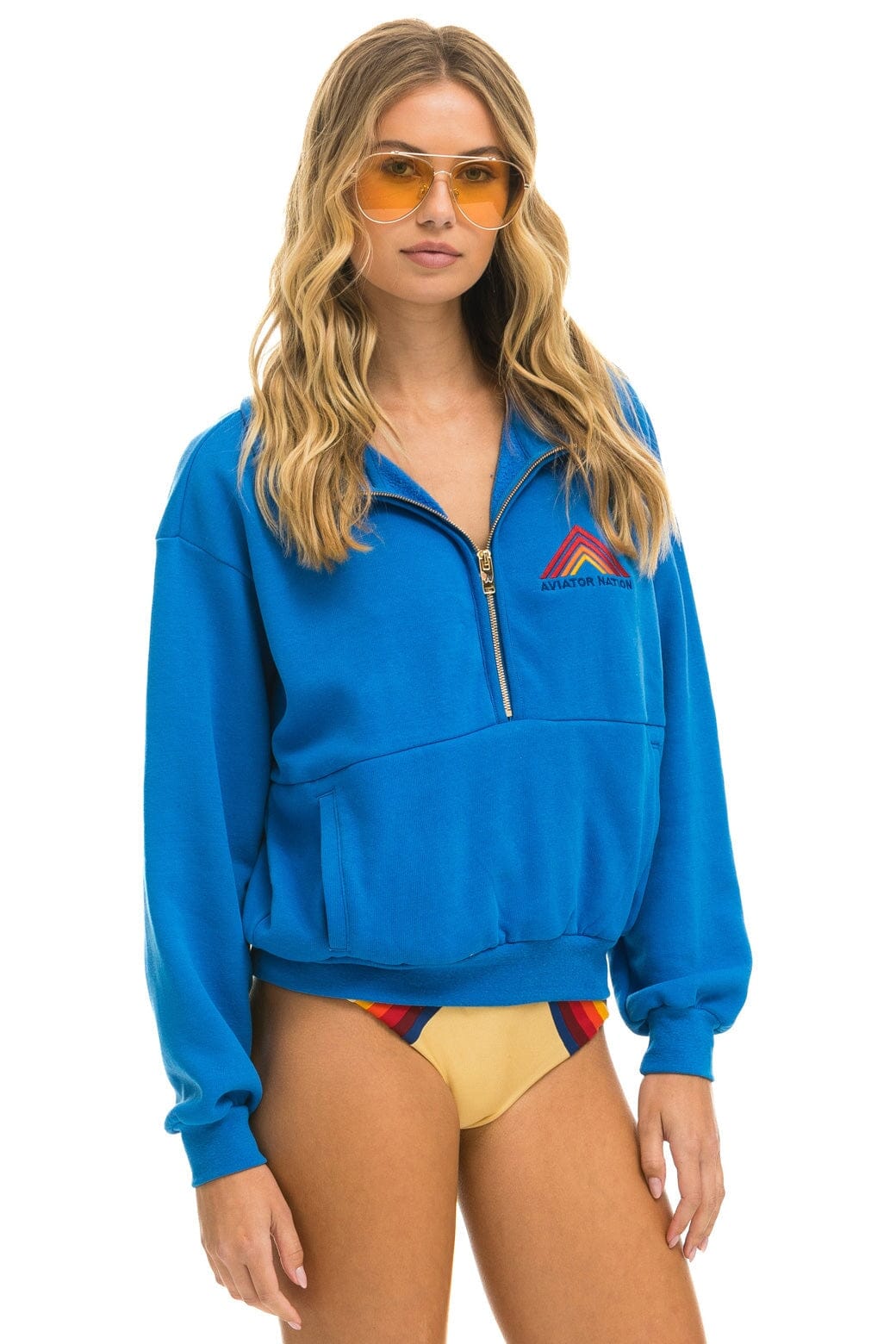 MOUNTAIN EMBROIDERY UNISEX HALF ZIP SWEATSHIRT - OCEAN Unisex Outerwear Aviator Nation