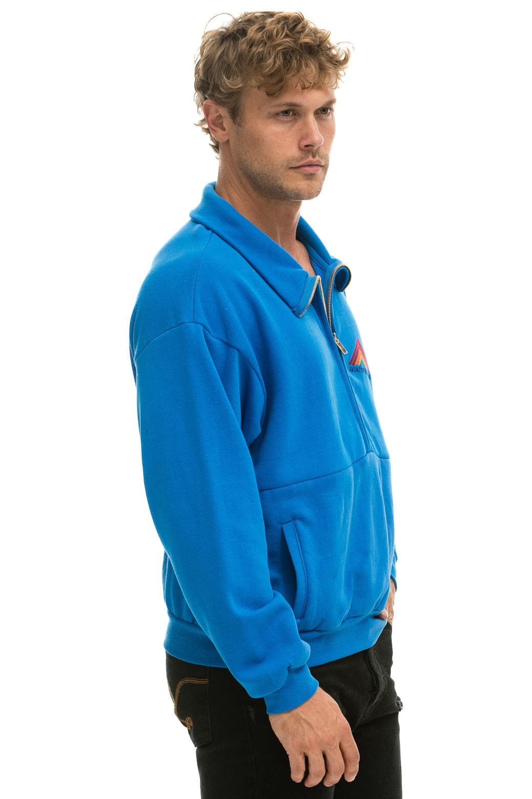 MOUNTAIN EMBROIDERY UNISEX HALF ZIP SWEATSHIRT - OCEAN Unisex Outerwear Aviator Nation