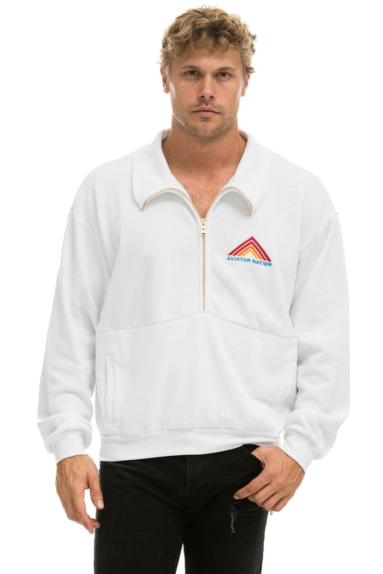 MOUNTAIN EMBROIDERY UNISEX HALF ZIP SWEATSHIRT - WHITE Unisex Outerwear Aviator Nation