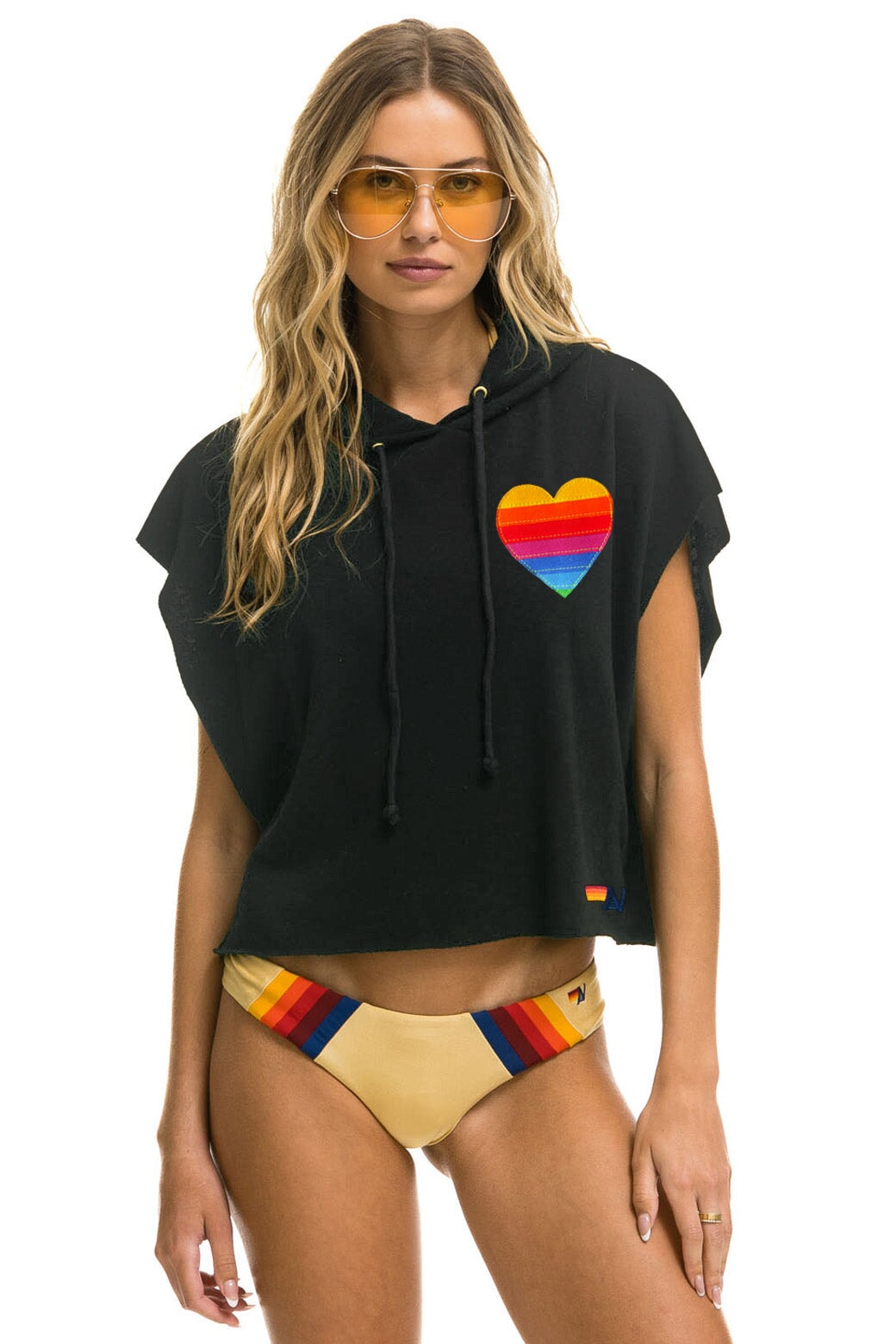 RAINBOW HEART STITCH SLEEVELESS RELAXED CROPPED PULLOVER HOODIE - CHARCOAL Hoodie Aviator Nation 