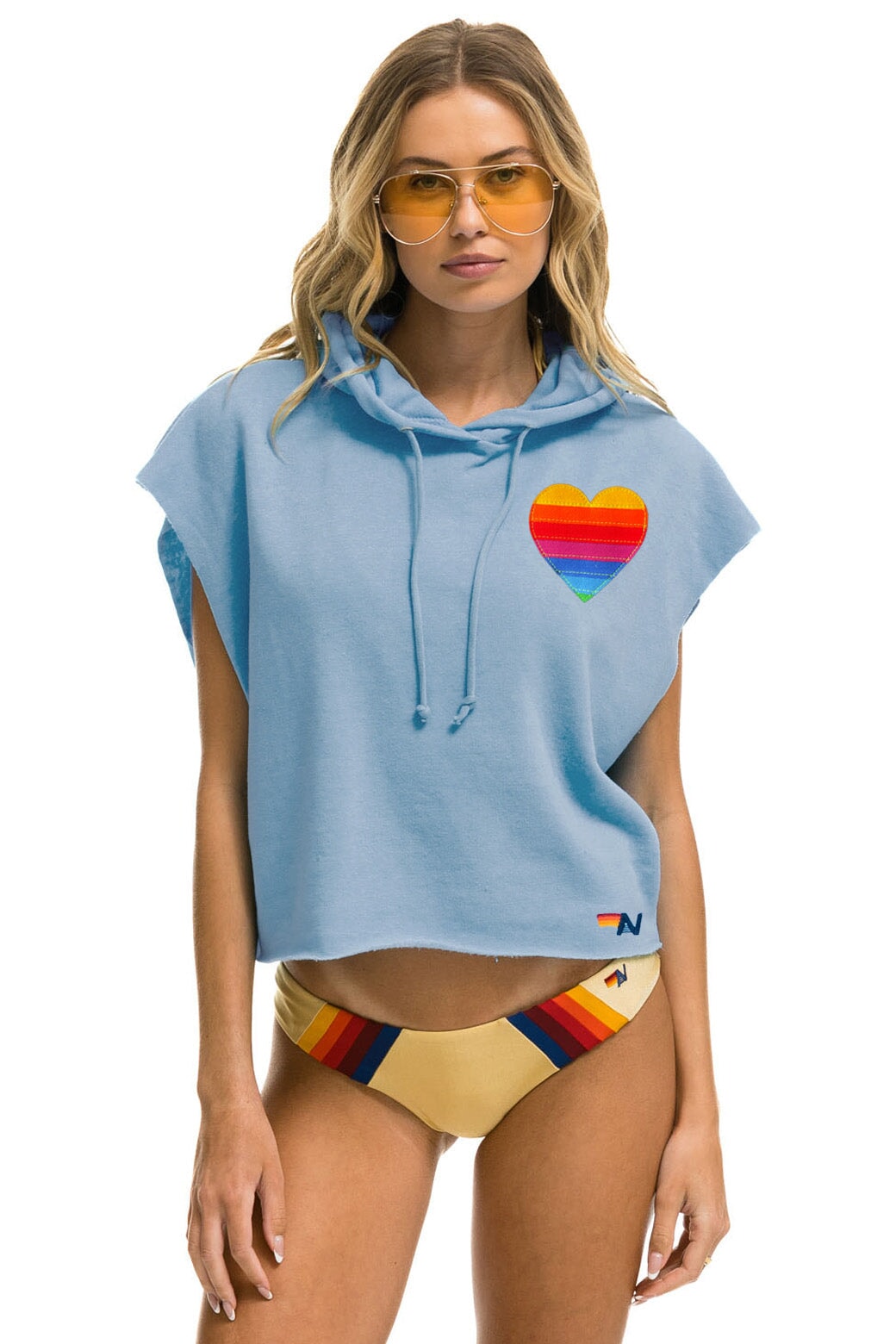 RAINBOW HEART STITCH SLEEVELESS RELAXED CROPPED PULLOVER HOODIE - ICE Hoodie Aviator Nation 