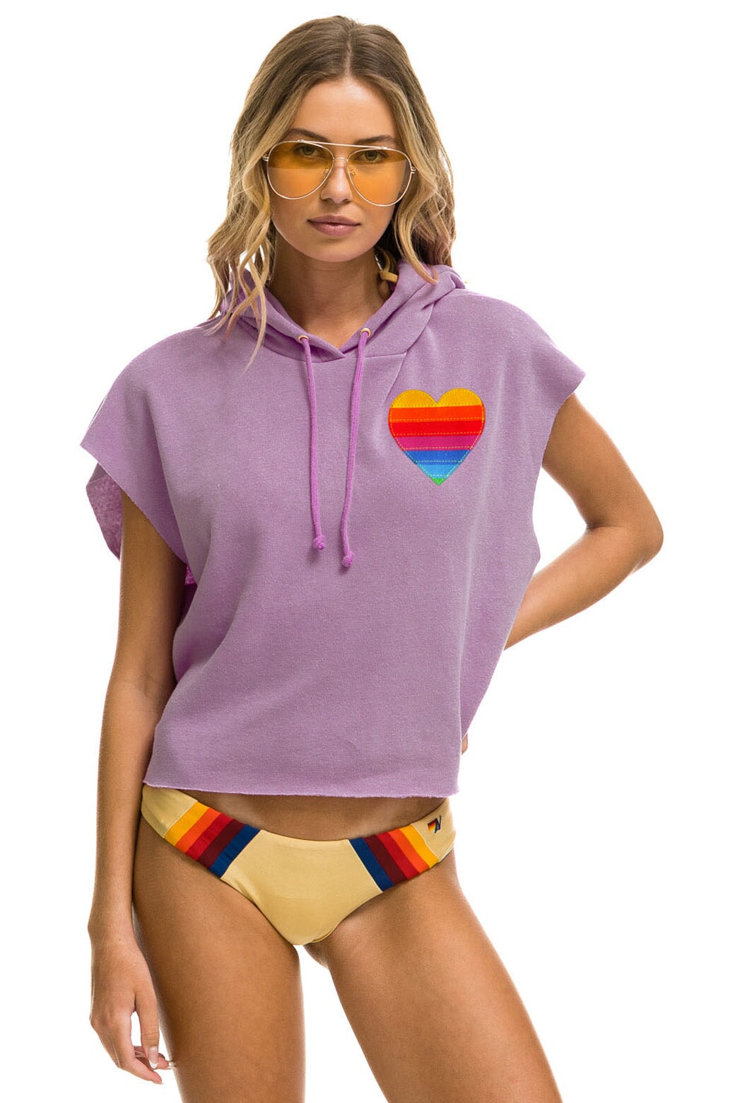 RAINBOW HEART STITCH SLEEVELESS RELAXED CROPPED PULLOVER HOODIE - MAUVE Hoodie Aviator Nation 