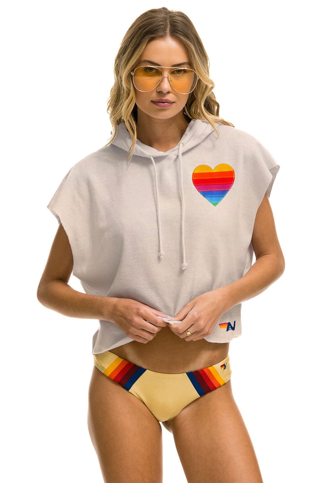 RAINBOW HEART STITCH SLEEVELESS RELAXED CROPPED PULLOVER HOODIE - SAND Hoodie Aviator Nation 