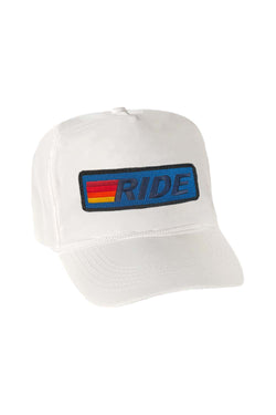 RIDE LOGO - VINTAGE NYLON TRUCKER HATS Aviator Nation WHITE // BLUE