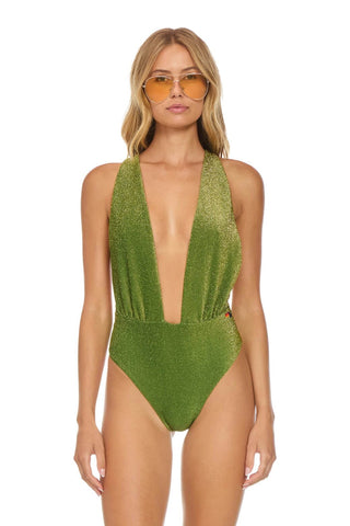 SPARKLE COMO DEEP PLUNGE CROSS BACK WOMENS ONE PIECE - ARMY Swim Aviator Nation
