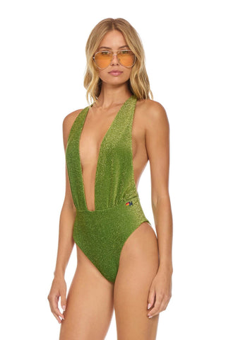 SPARKLE COMO DEEP PLUNGE CROSS BACK WOMENS ONE PIECE - ARMY Swim Aviator Nation