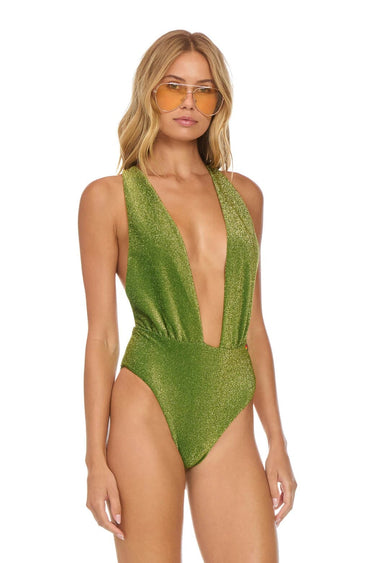 SPARKLE COMO DEEP PLUNGE CROSS BACK WOMENS ONE PIECE - ARMY Swim Aviator Nation