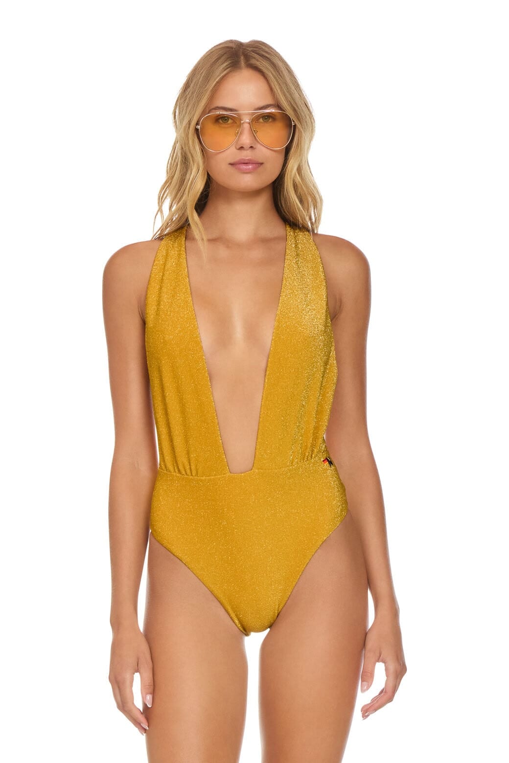 SPARKLE COMO DEEP PLUNGE CROSS BACK WOMENS ONE PIECE - GOLD Swim Aviator Nation