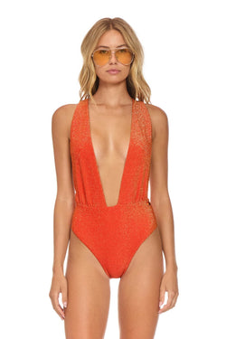 SPARKLE COMO DEEP PLUNGE CROSS BACK WOMENS ONE PIECE - HOT CORAL Swim Aviator Nation