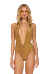 SPARKLE COMO DEEP PLUNGE CROSS BACK WOMENS ONE PIECE - MOCHA Swim Aviator Nation