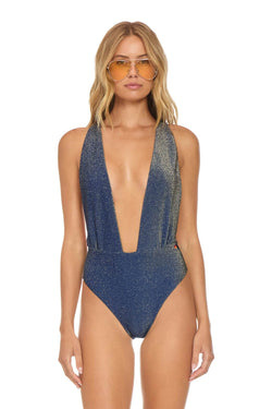 SPARKLE COMO DEEP PLUNGE CROSS BACK WOMENS ONE PIECE - NAVY Swim Aviator Nation