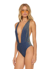 SPARKLE COMO DEEP PLUNGE CROSS BACK WOMENS ONE PIECE - NAVY Swim Aviator Nation