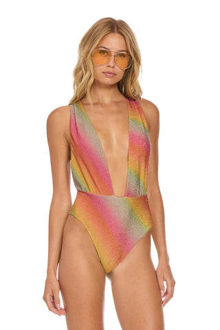 SPARKLE COMO DEEP PLUNGE CROSS BACK WOMENS ONE PIECE - RAINBOW Swim Aviator Nation