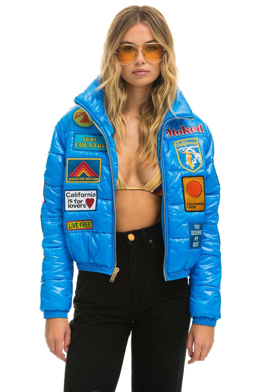 VINTAGE DENIM APRES PUFFER JACKET - BLUE CINA GLOSSY Women's Outerwear Aviator Nation