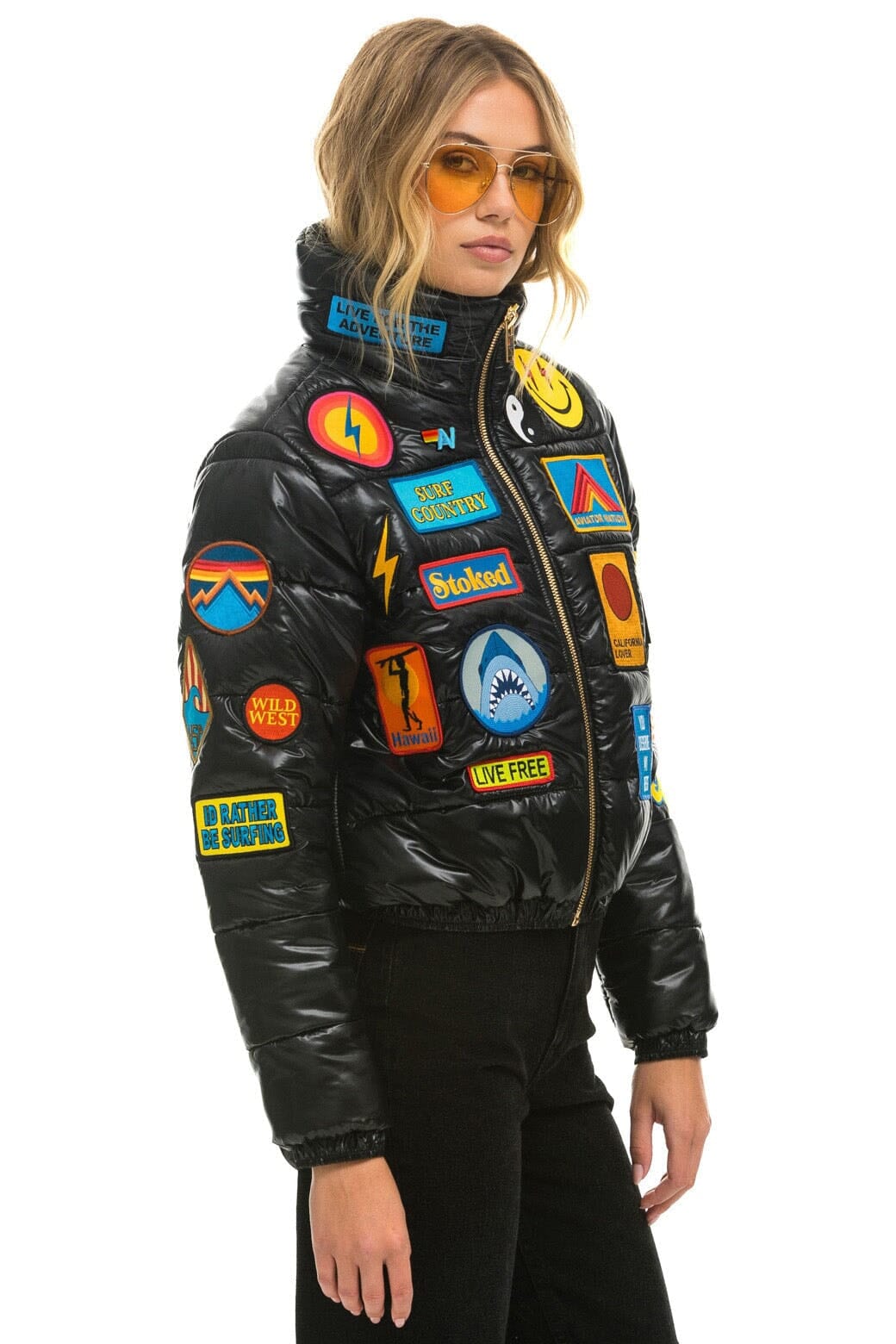 VINTAGE PATCH APRES PUFFER JACKET - BLACK GLOSSY Women's Outerwear Aviator Nation
