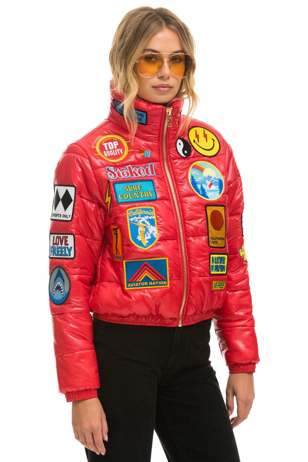 VINTAGE PATCH APRES PUFFER JACKET - CHERRY GLOSSY Women's Outerwear Aviator Nation