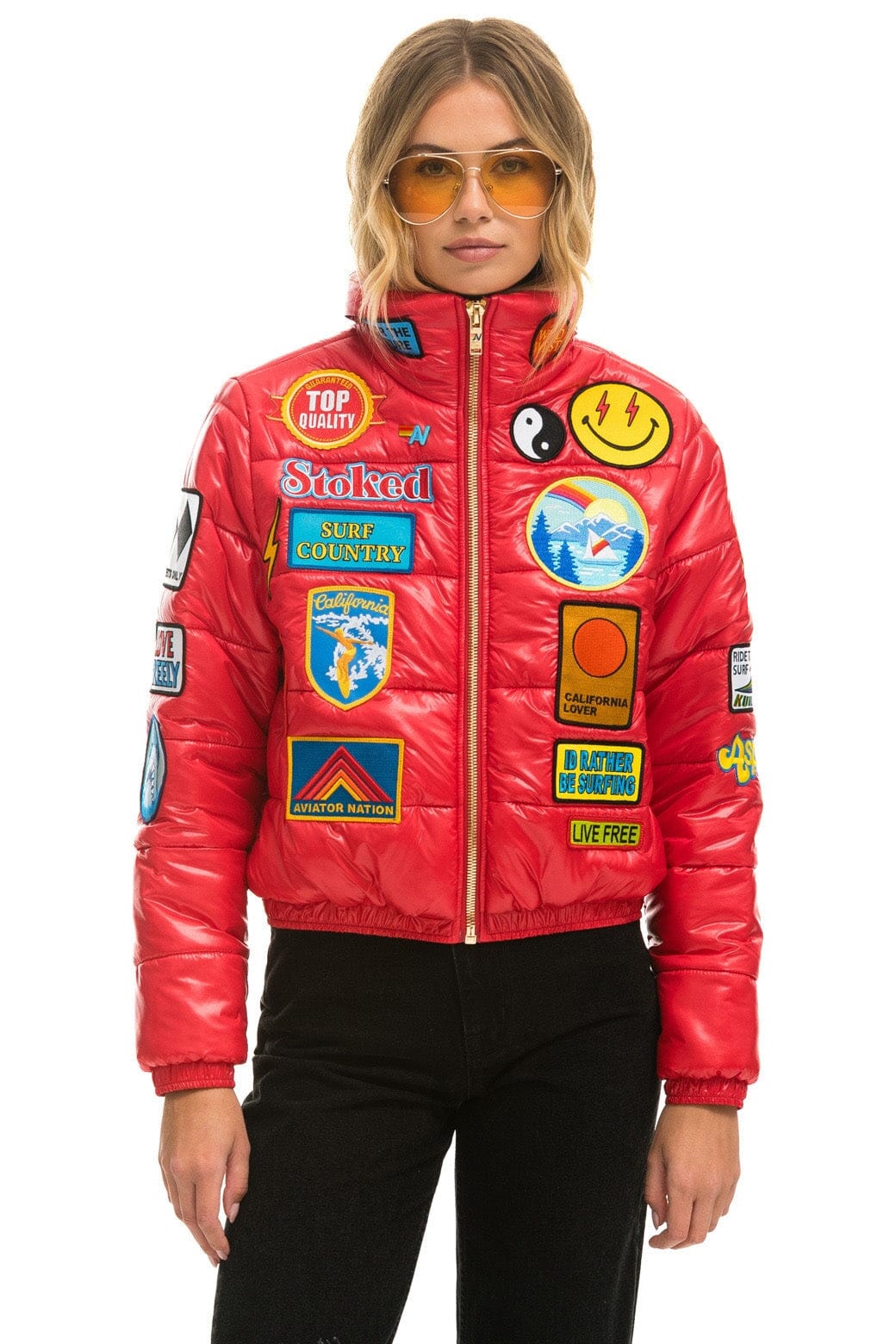 VINTAGE PATCH APRES PUFFER JACKET - CHERRY GLOSSY Women's Outerwear Aviator Nation