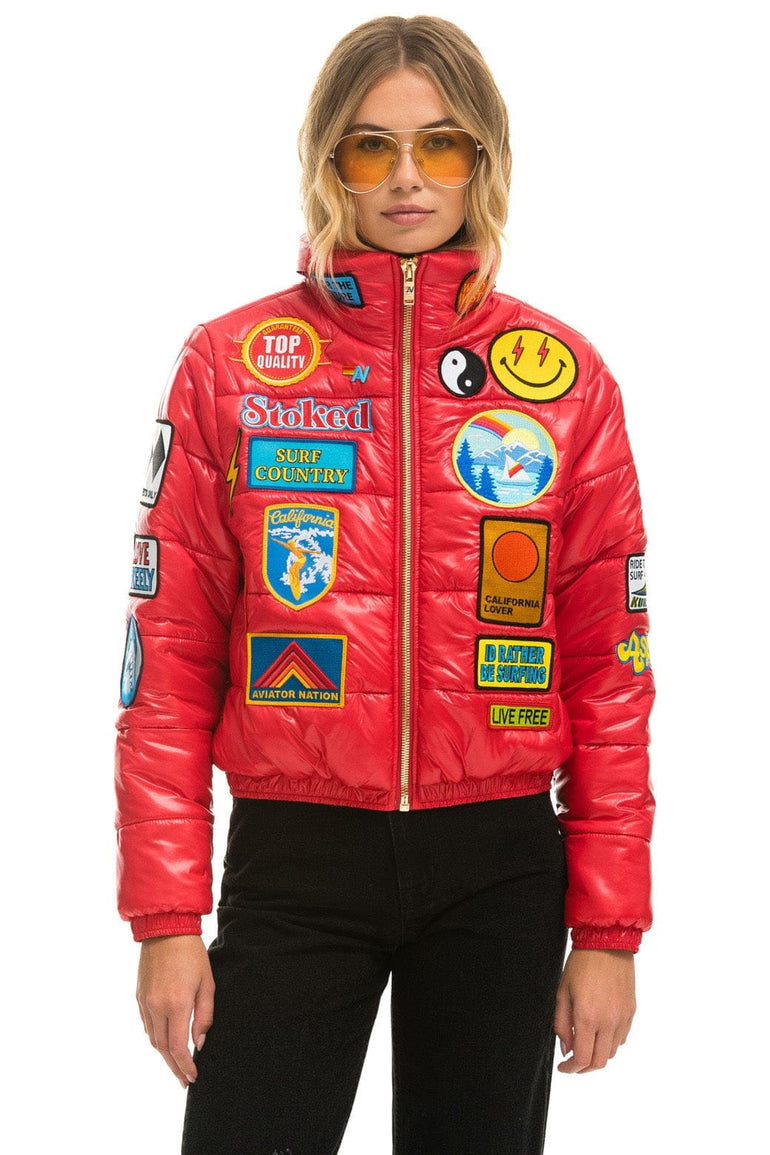VINTAGE PATCH APRES PUFFER JACKET - CHERRY GLOSSY Women's Outerwear Aviator Nation