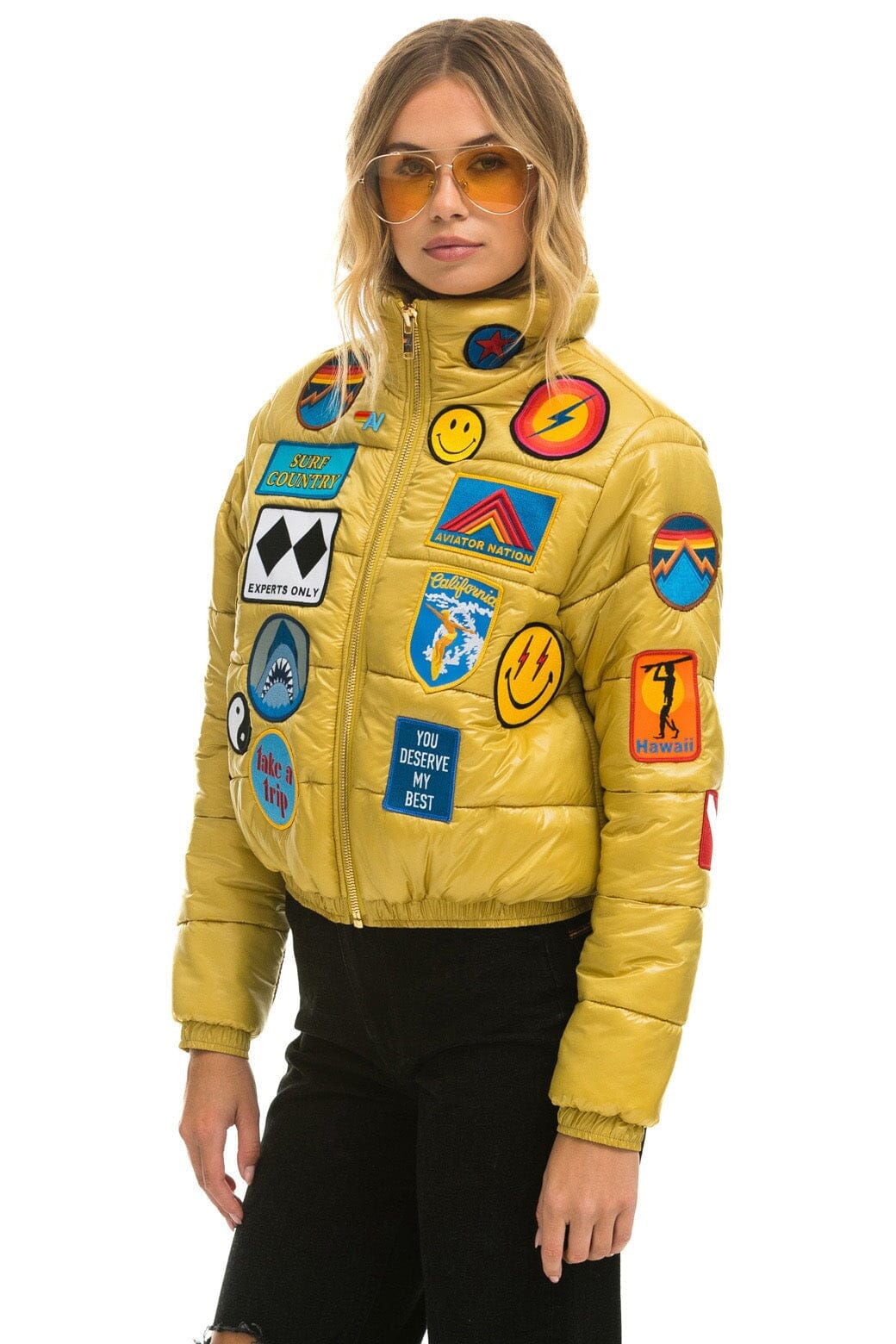 VINTAGE PATCH APRES PUFFER JACKET - HONEY GLOSSY Women's Outerwear Aviator Nation