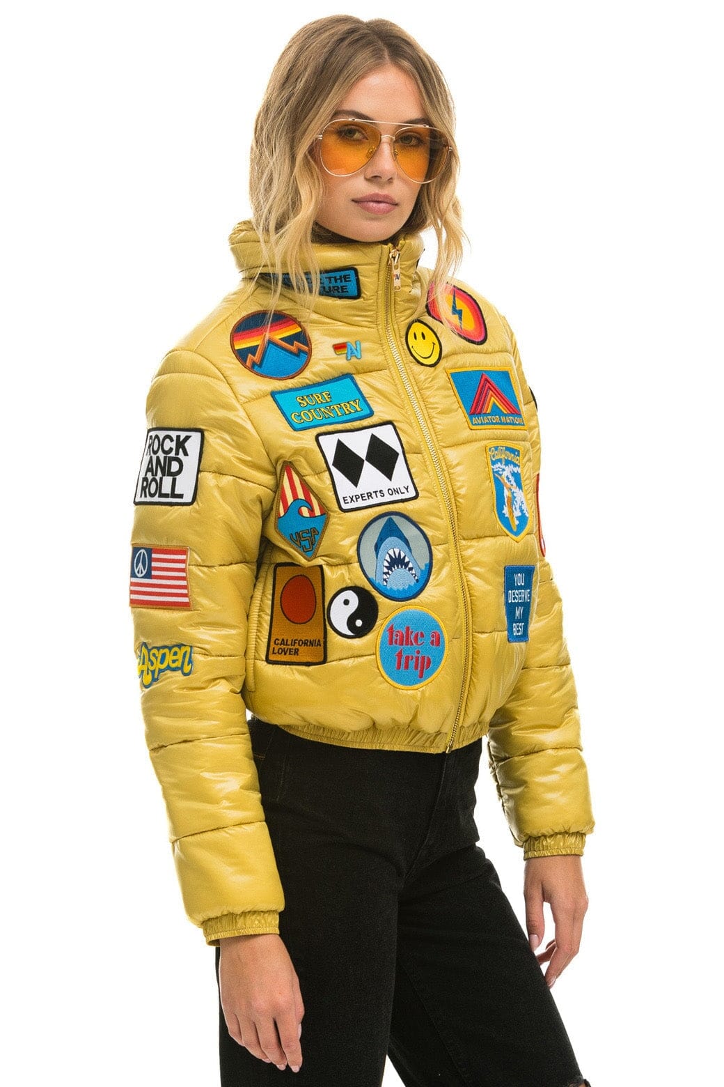 VINTAGE PATCH APRES PUFFER JACKET - HONEY GLOSSY Women's Outerwear Aviator Nation