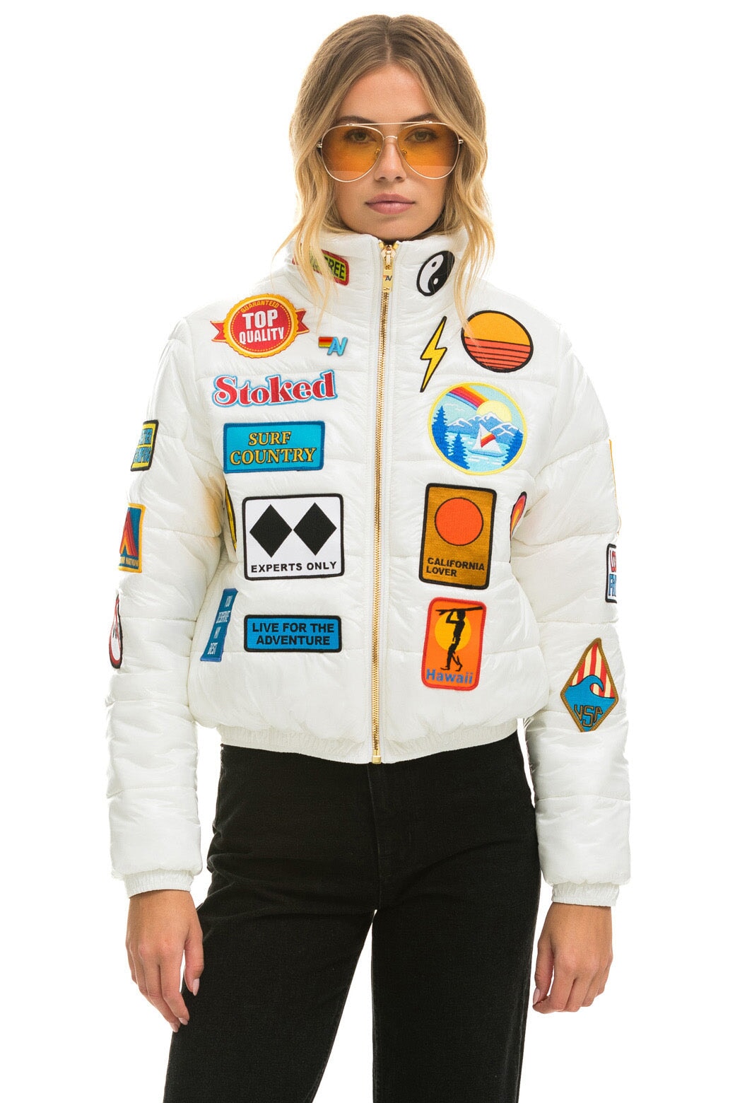 VINTAGE PATCH APRES PUFFER JACKET - WHITE GLOSSY Women's Outerwear Aviator Nation 