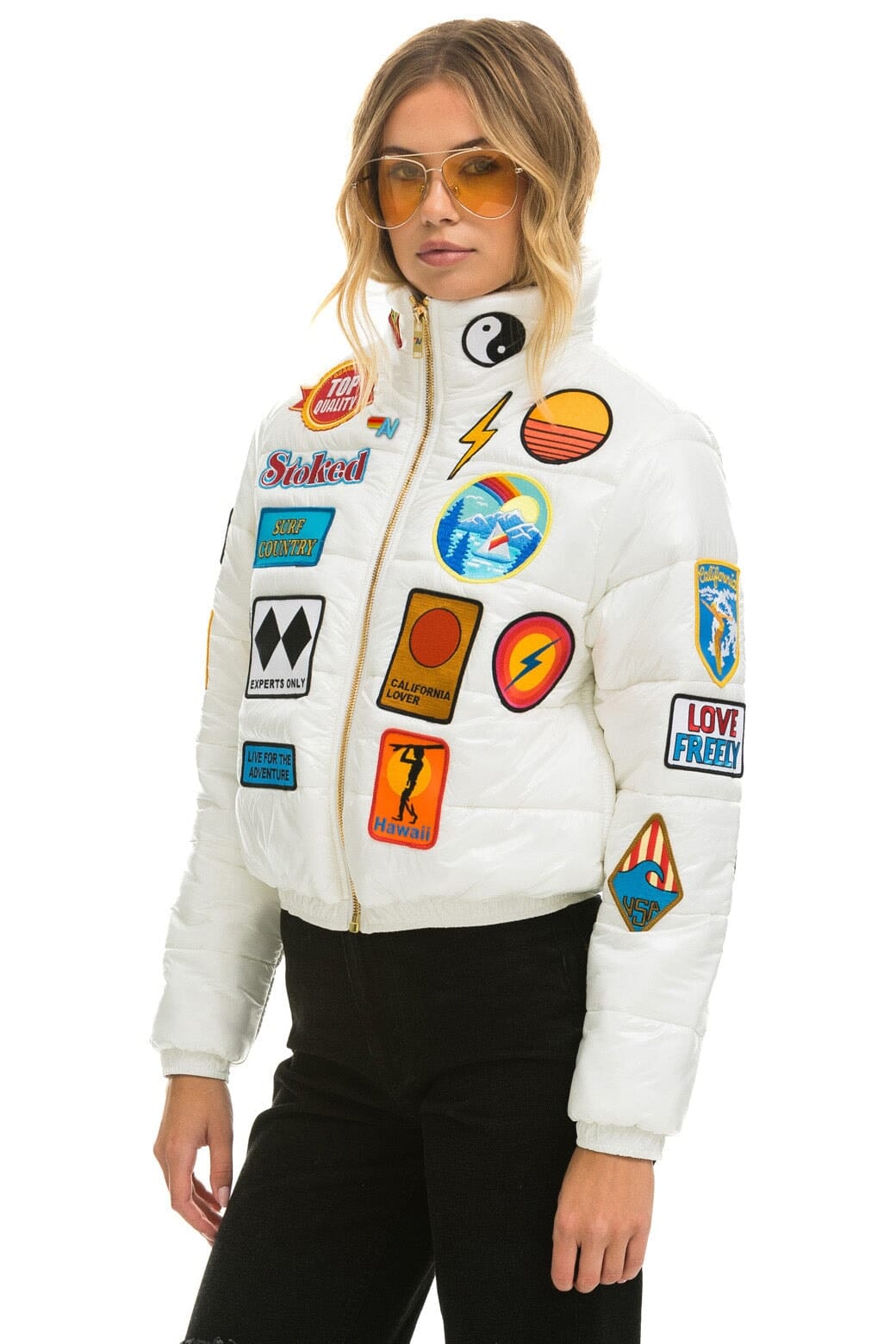 VINTAGE PATCH APRES PUFFER JACKET - WHITE GLOSSY Women's Outerwear Aviator Nation